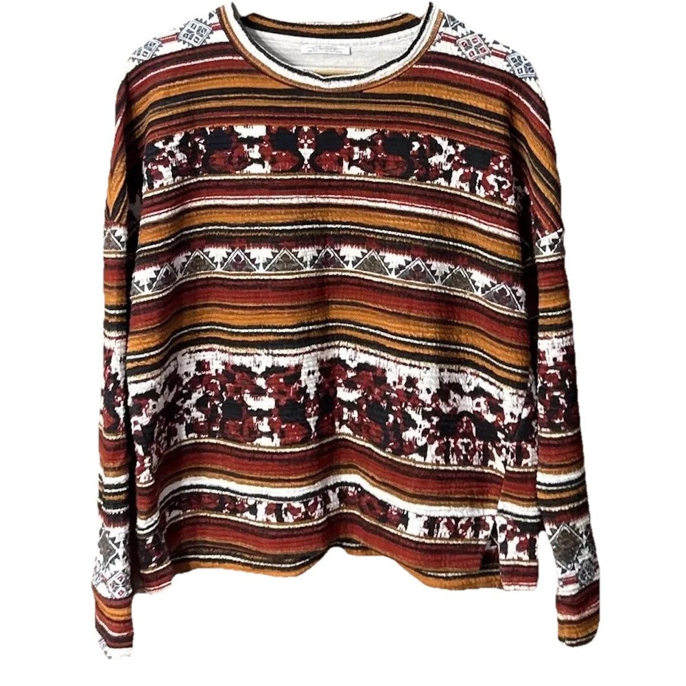 Women's Zara Aztec Southwest Long Sleeve Stretch Knit Top Oversized Loose Fit Sm